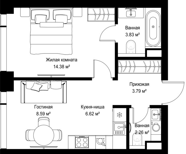 1-комнатная квартира, 39,5 м² — фото 1