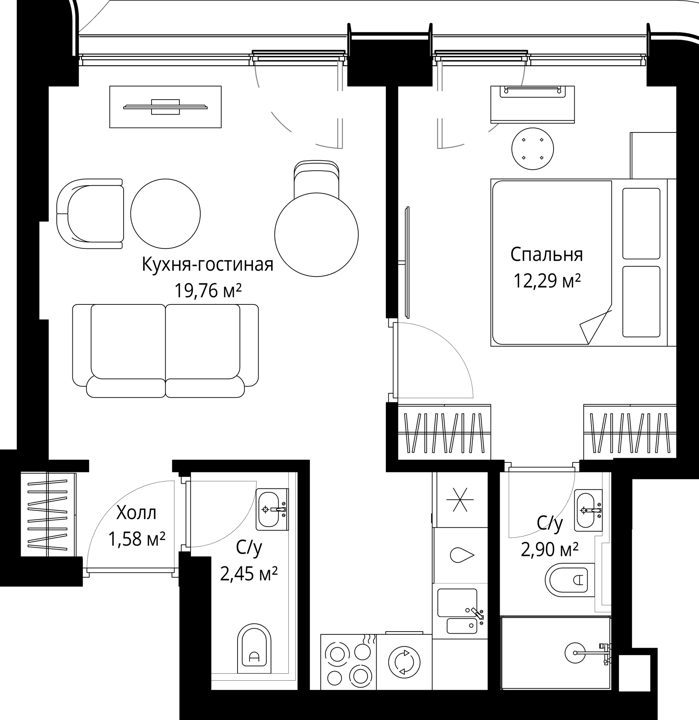 1-комнатная квартира, 38,4 м² — фото 1