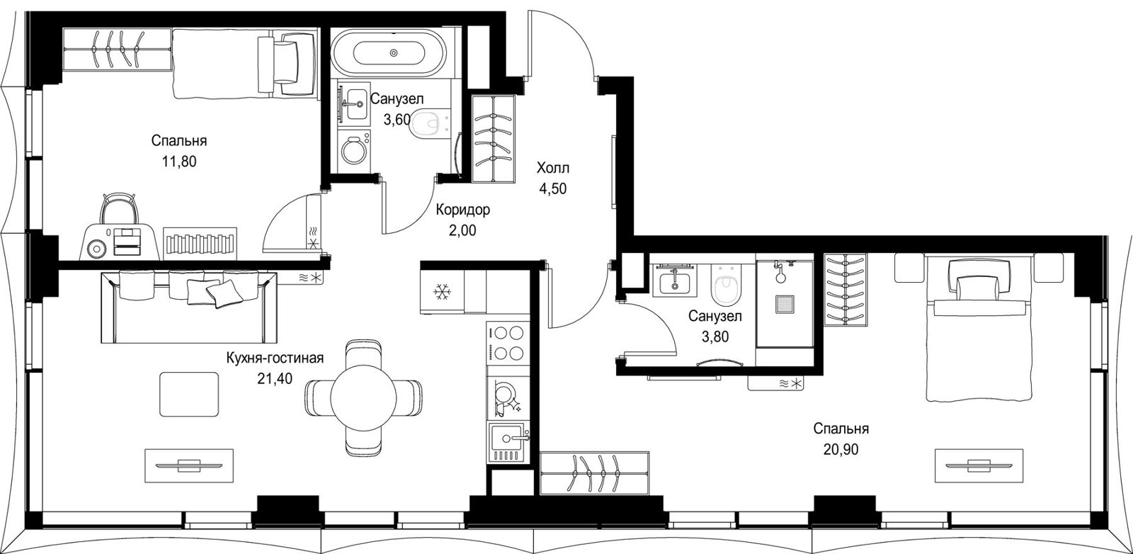 2-комнатная квартира, 68 м²