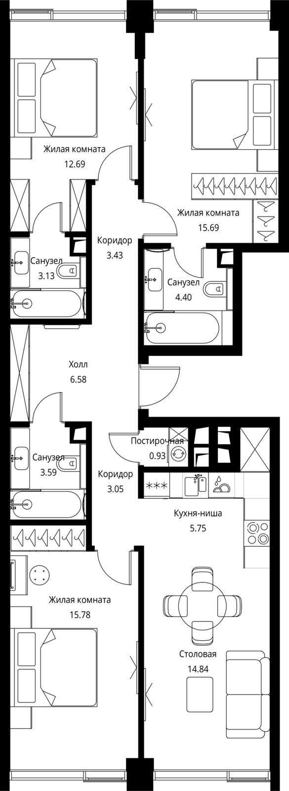 3-комнатная квартира, 89,8 м²