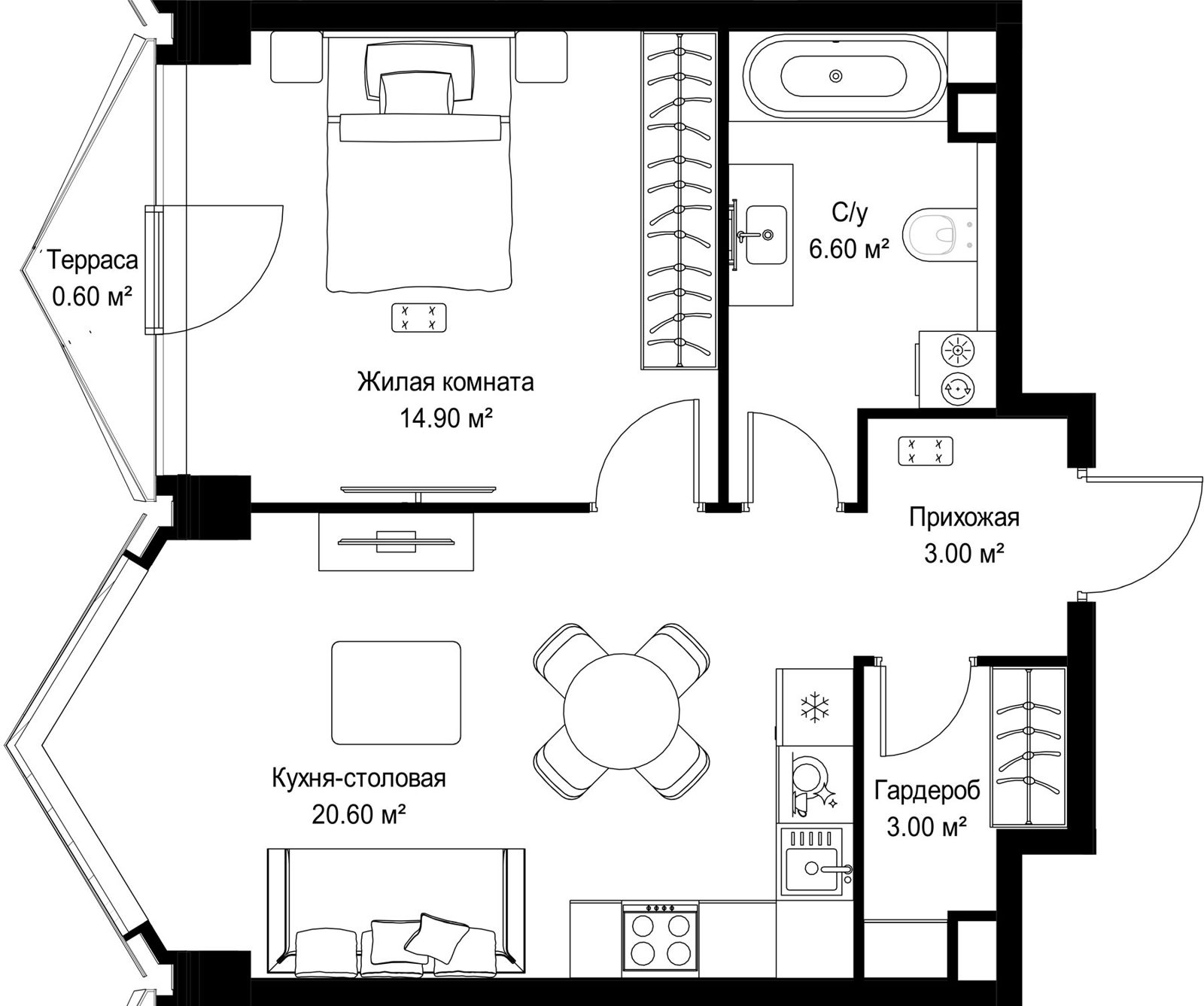 1-комнатная квартира, 48,7 м²