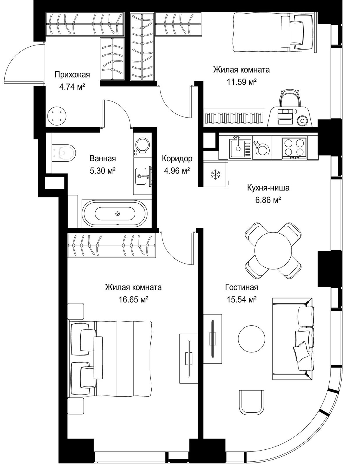 2-комнатная квартира, 65,6 м²