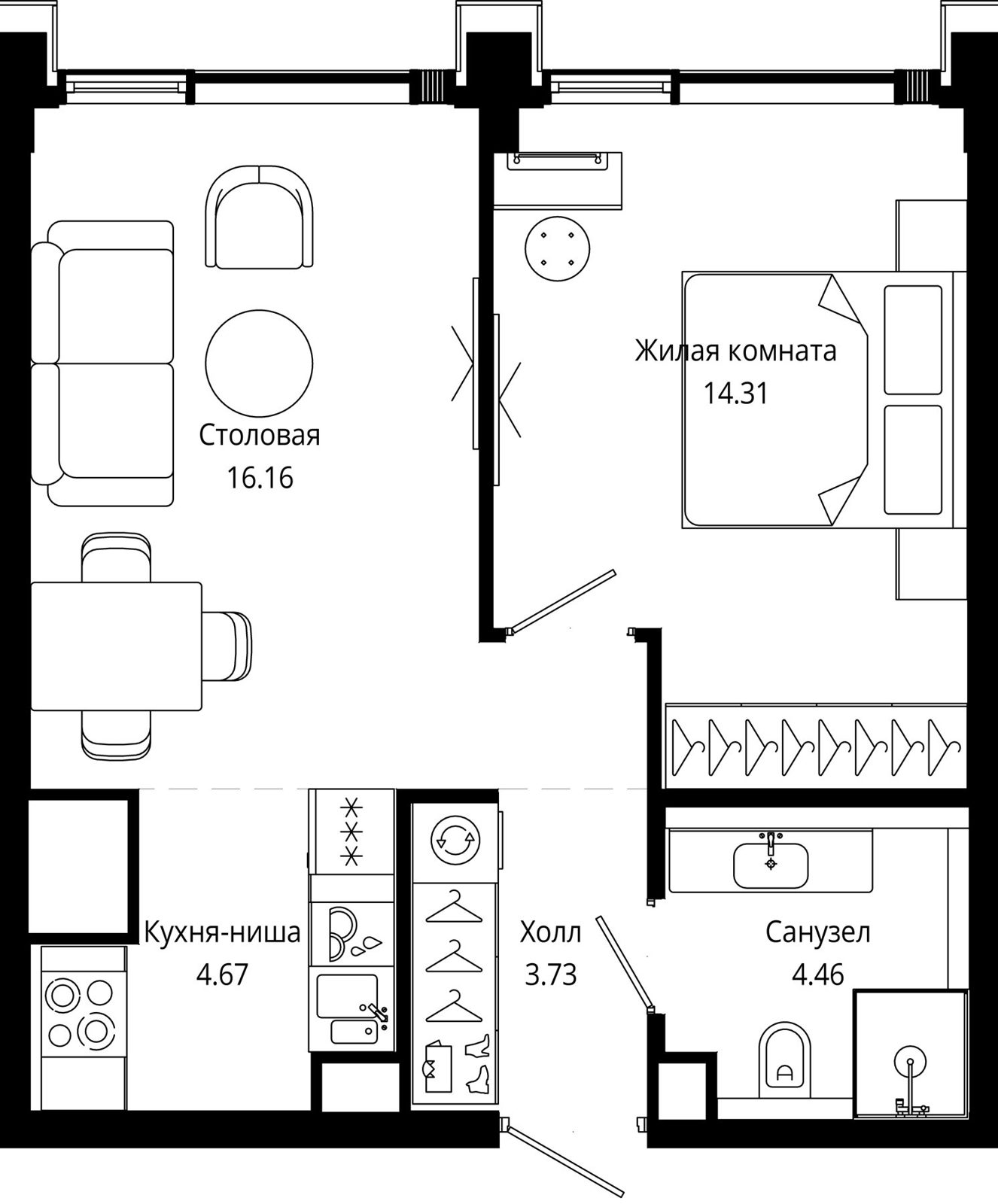 1-комнатная квартира, 43,8 м²