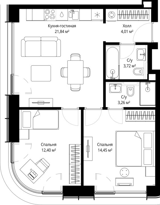 2-комнатная квартира, 59,7 м² — фото 1