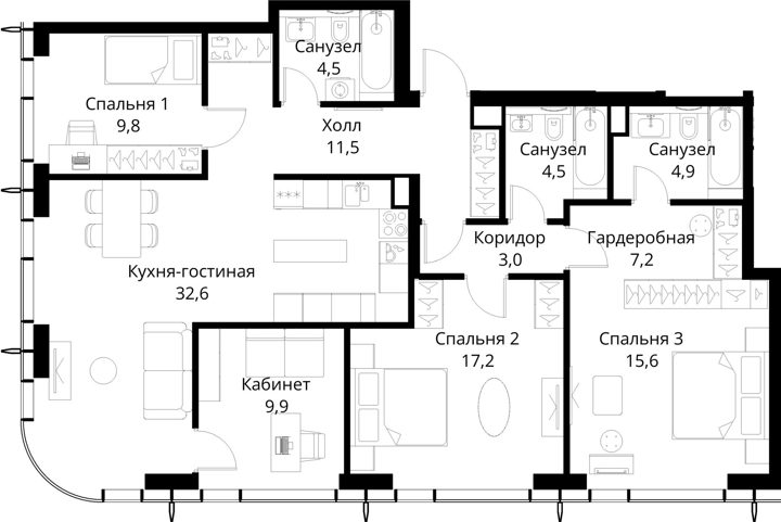3-комнатная квартира, 120,7 м² — фото 1