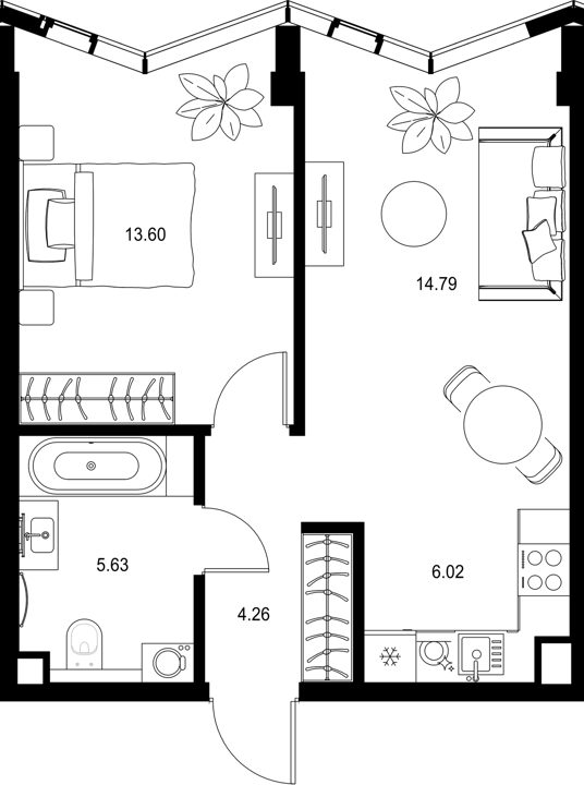 1-комнатная квартира, 44,3 м²