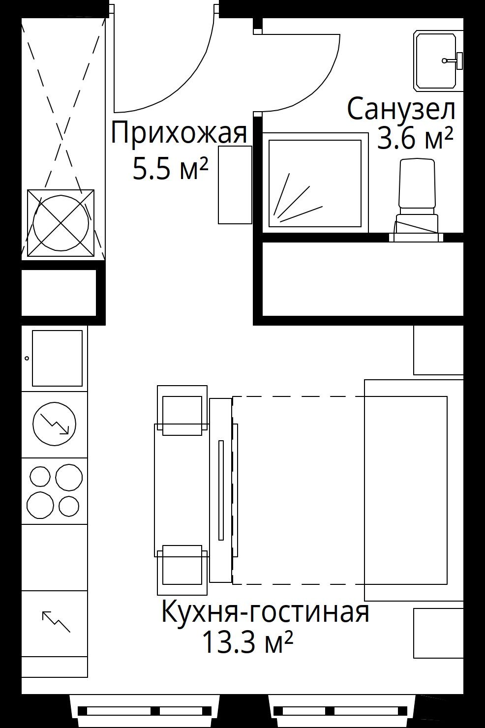 Квартира-студия, 22,4 м²