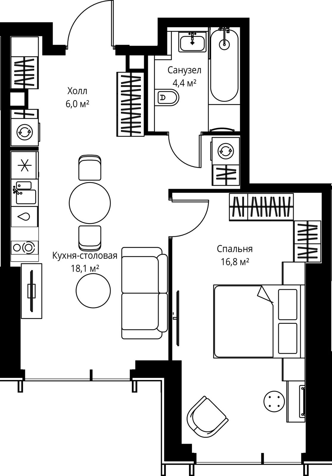 1-комнатная квартира, 45,3 м²