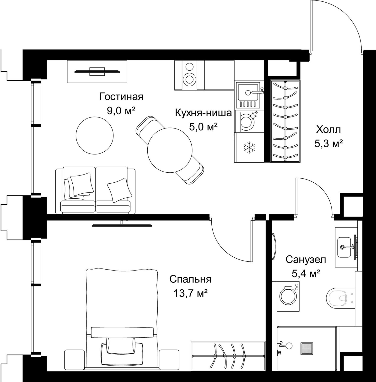 1-комнатная квартира, 38,4 м²