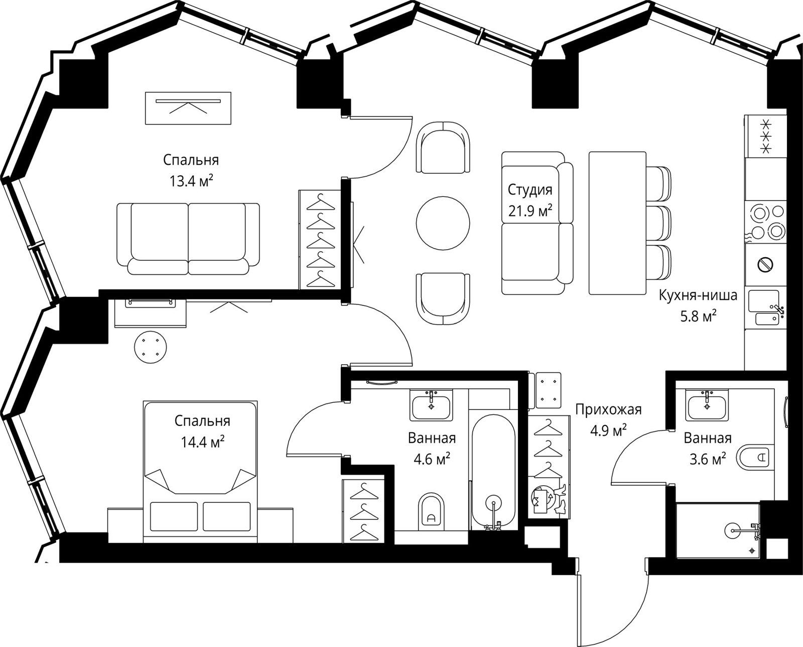 2-комнатная квартира, 68,6 м²