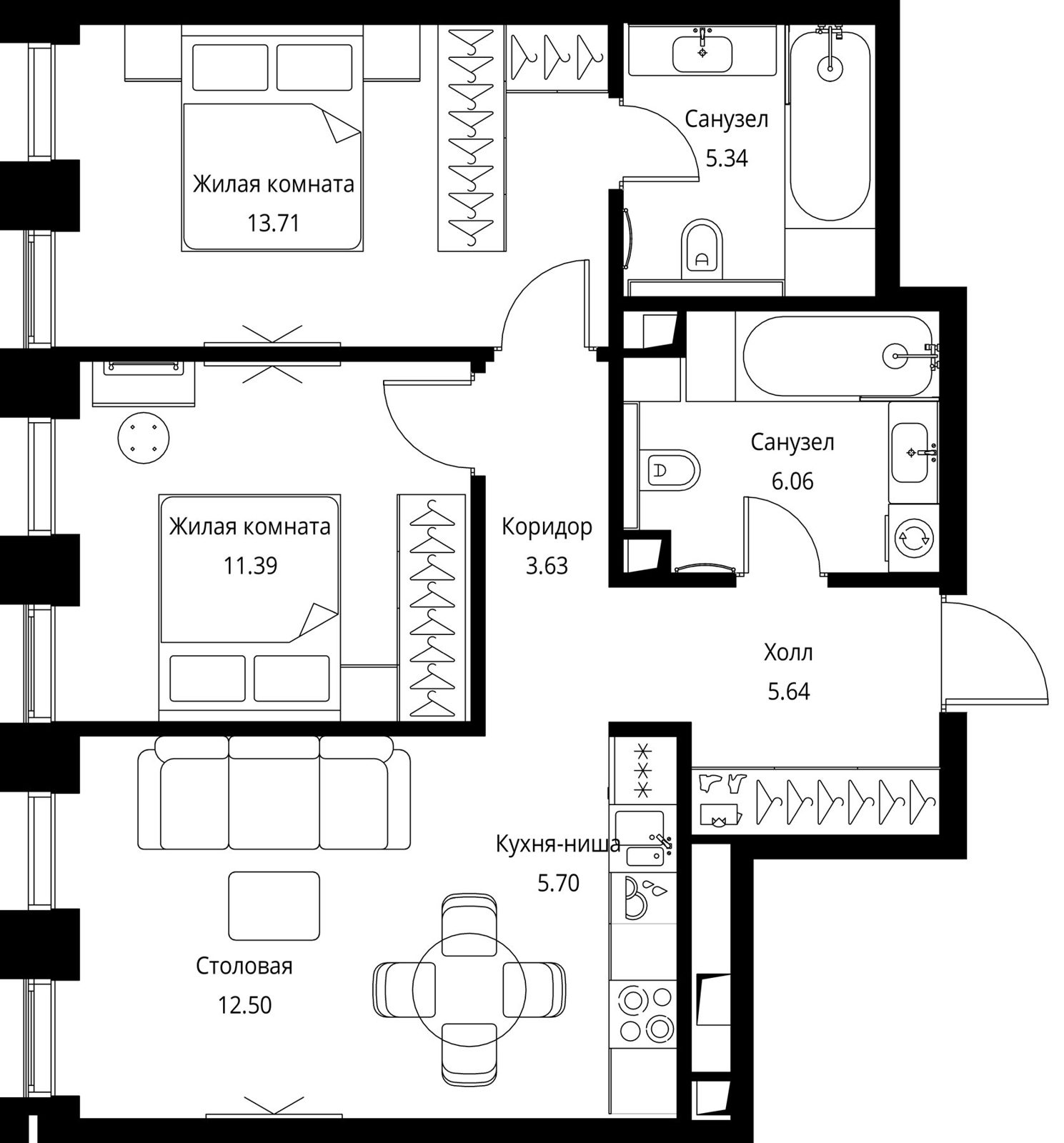 2-комнатная квартира, 64 м²