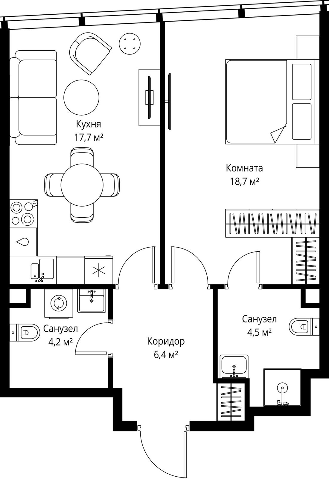 1-комнатная квартира, 51,5 м²