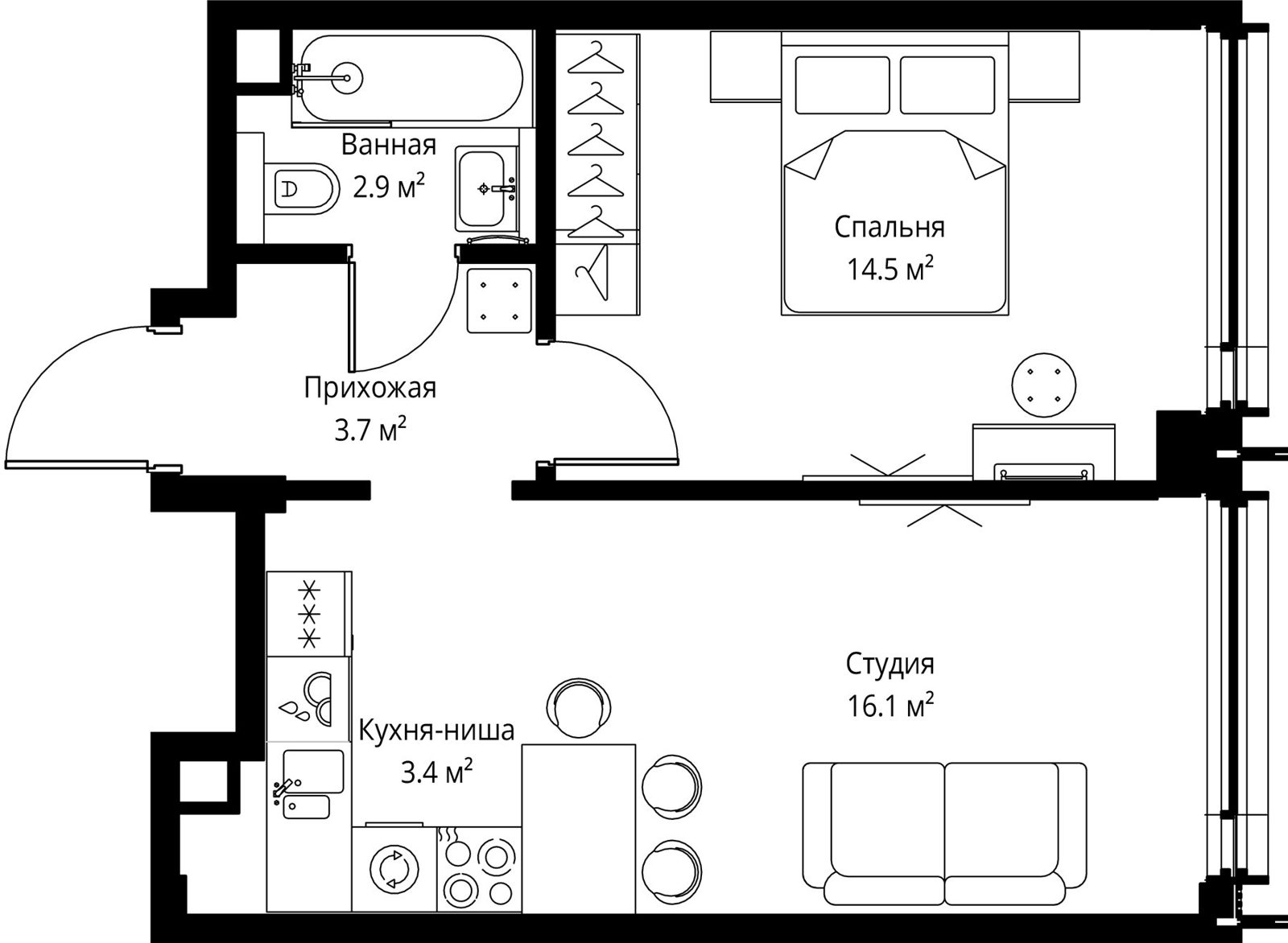 1-комнатная квартира, 40,6 м²