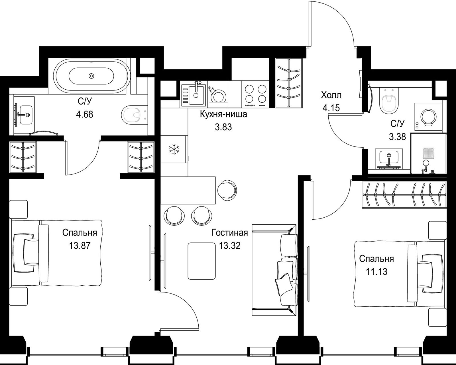 2-комнатная квартира, 54,4 м²