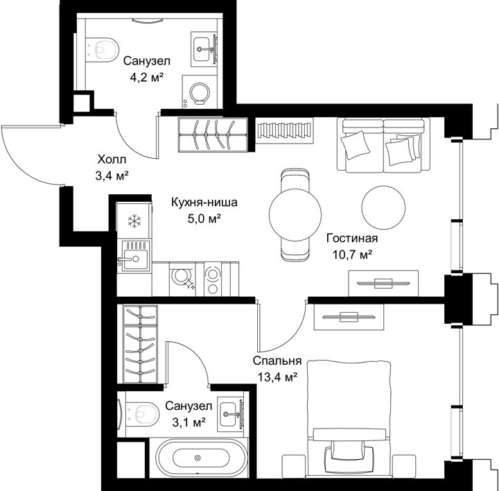 1-комнатная квартира, 39,8 м²