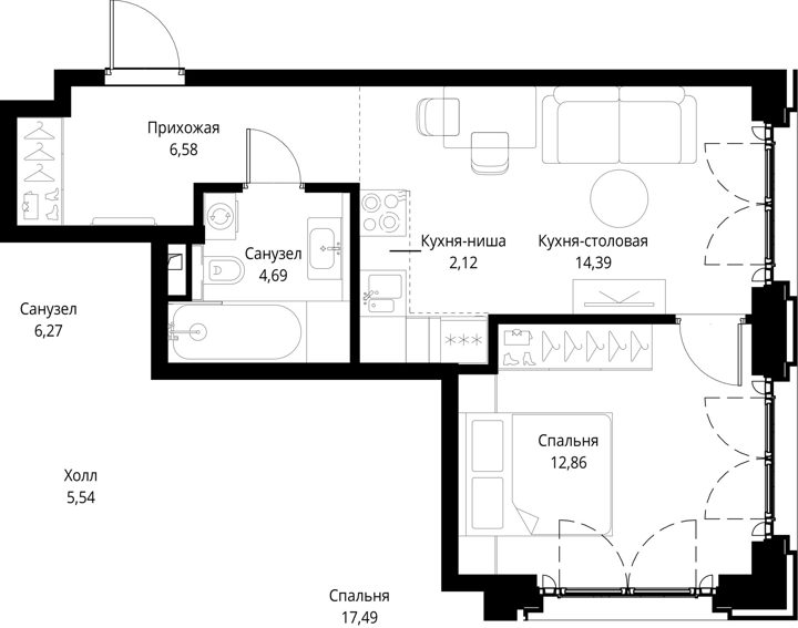 1-комнатная квартира, 40,6 м² — фото 1