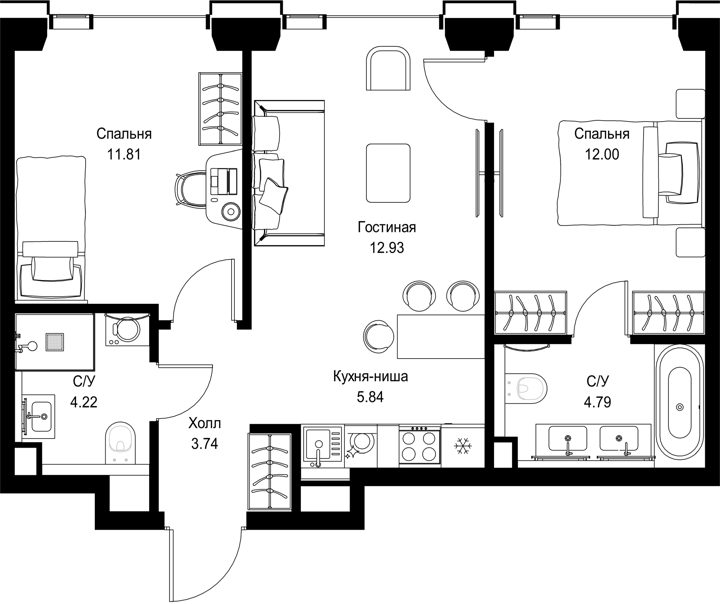 2-комнатная квартира, 55,3 м²