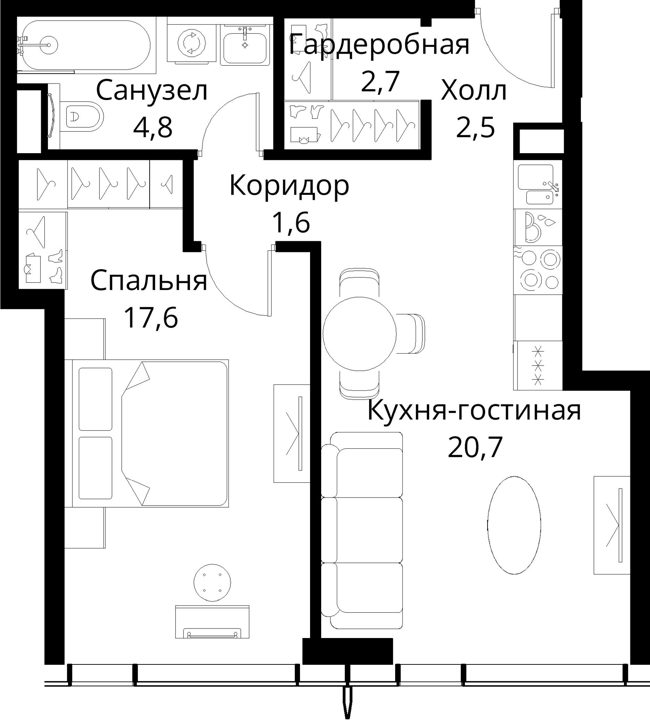 1-комнатная квартира, 49,9 м² — фото 1