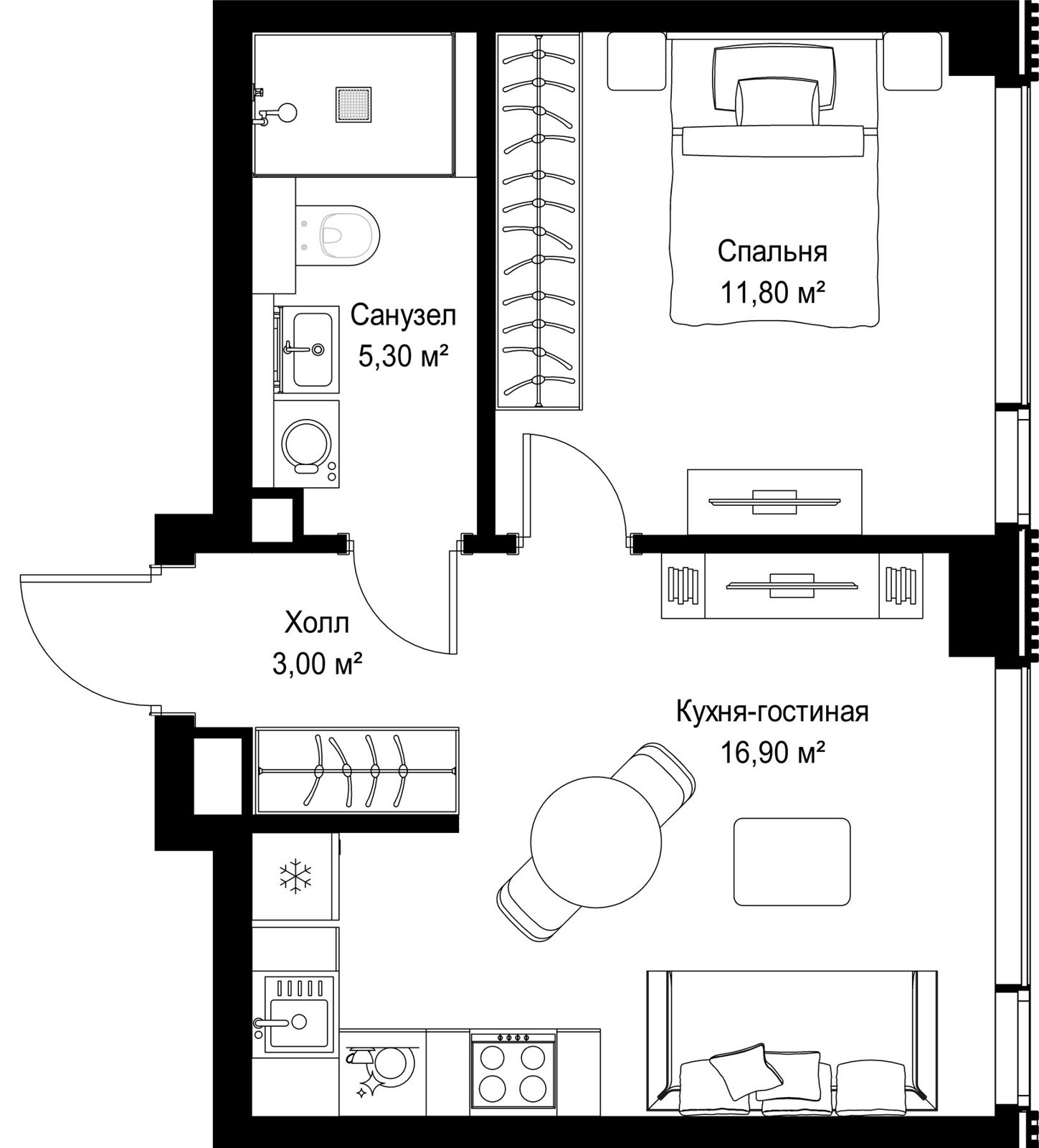1-комнатная квартира, 37 м²