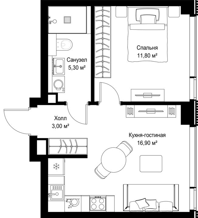 1-комнатная квартира, 37 м² — фото 1