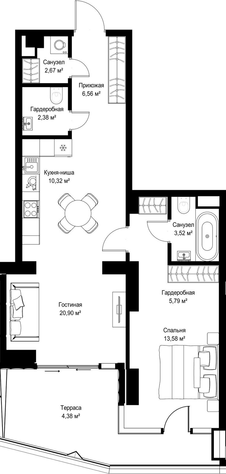 1-комнатная квартира, 70,1 м²