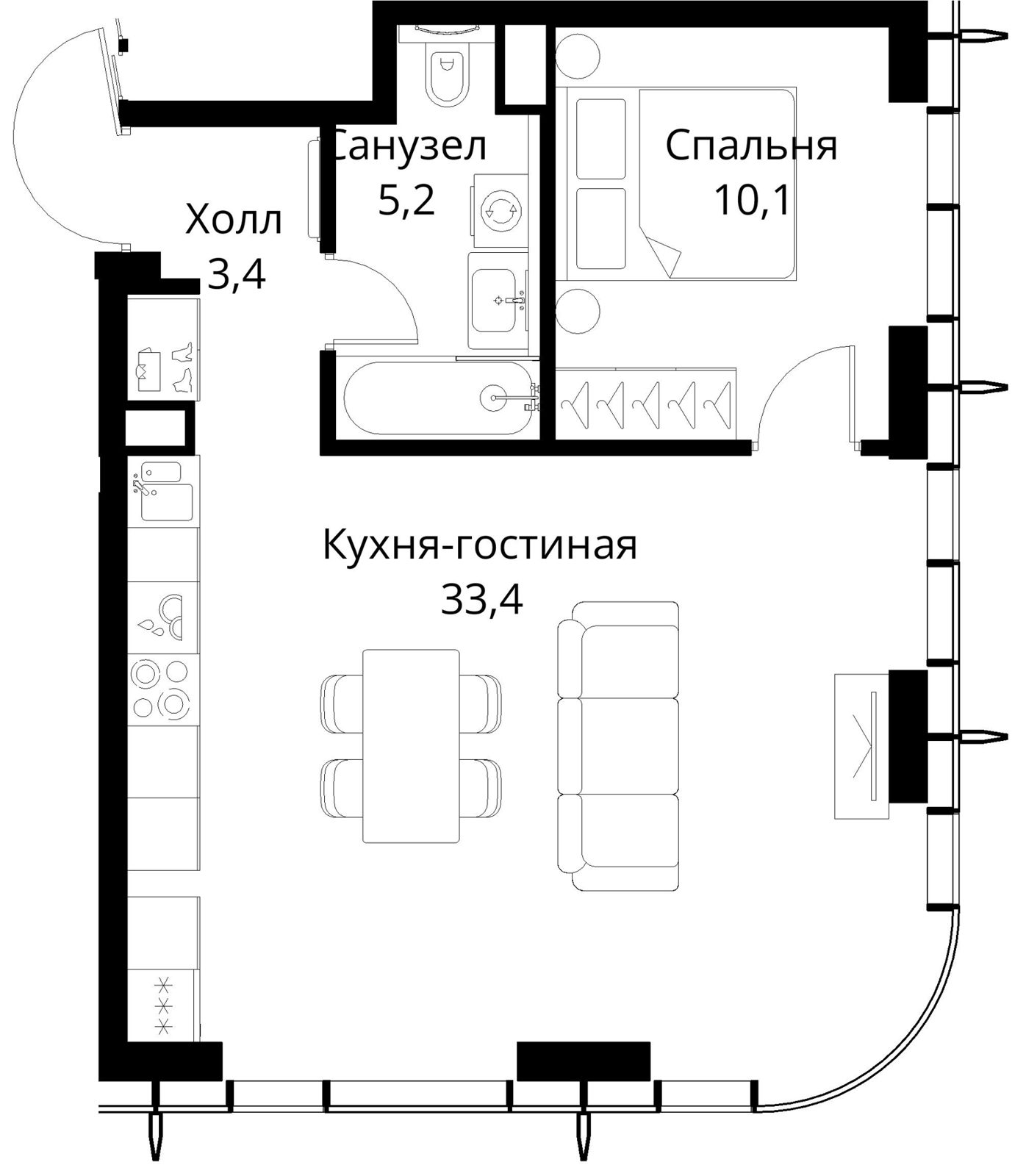 1-комнатная квартира, 52,1 м²