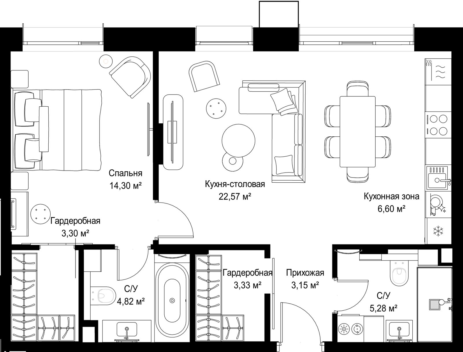 1-комнатная квартира, 63,4 м²