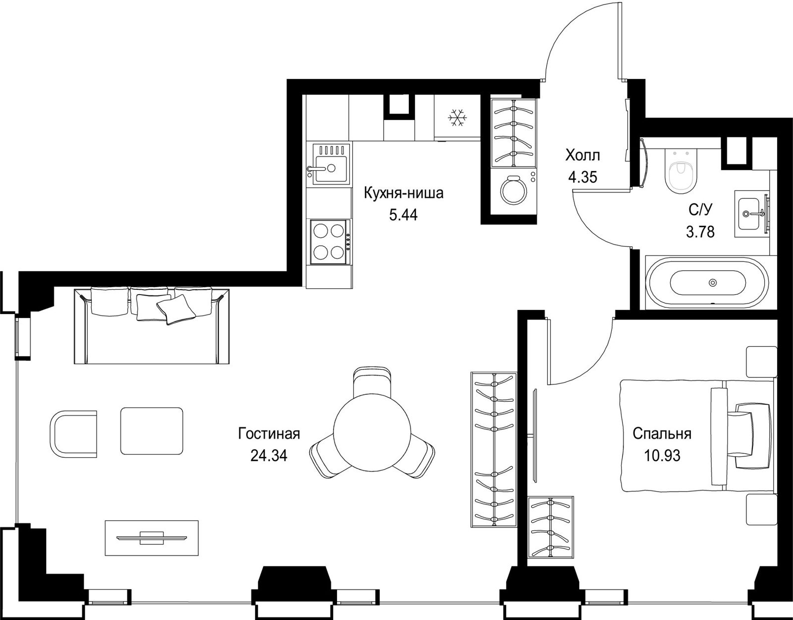 1-комнатная квартира, 48,8 м²