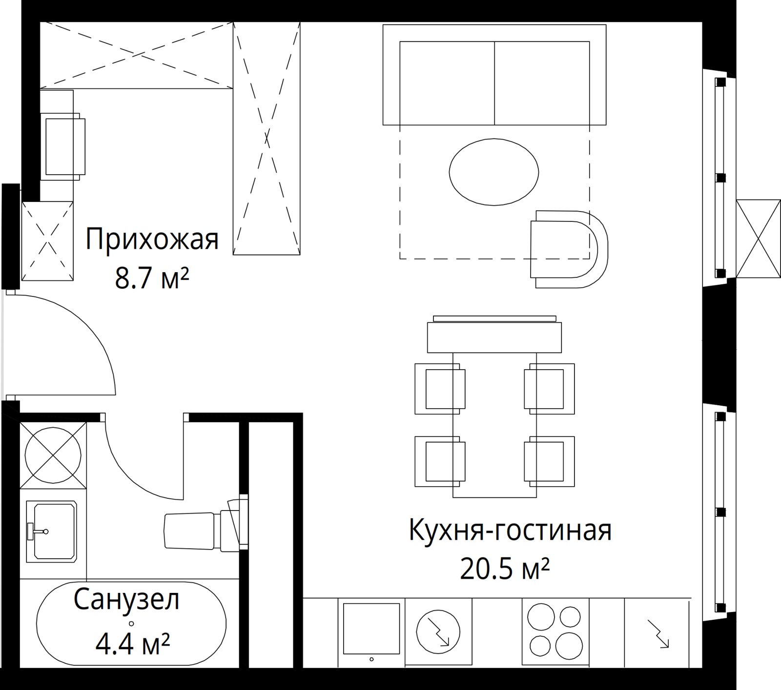 Квартира-студия, 33,6 м²