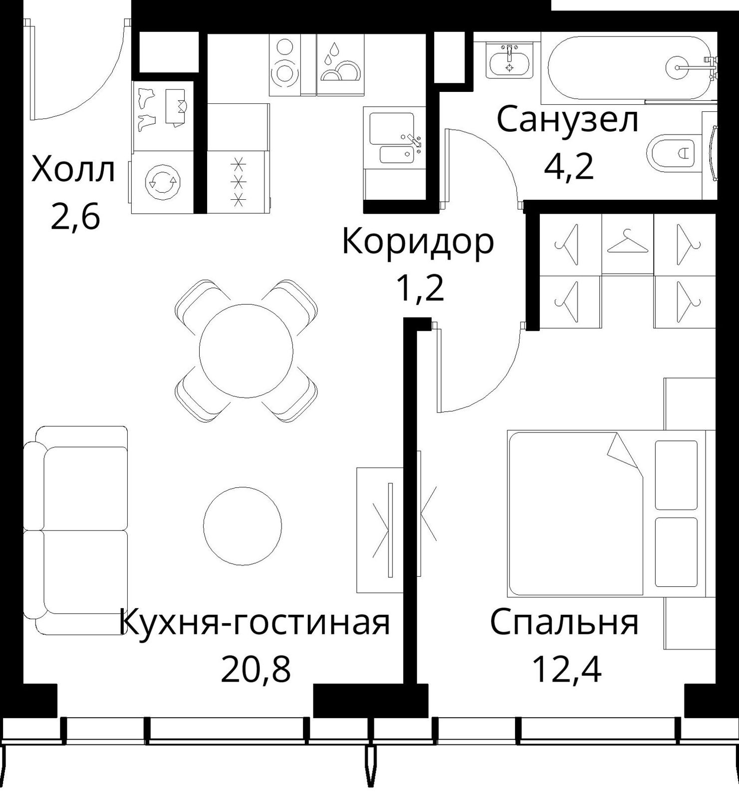 1-комнатная квартира, 41,2 м²