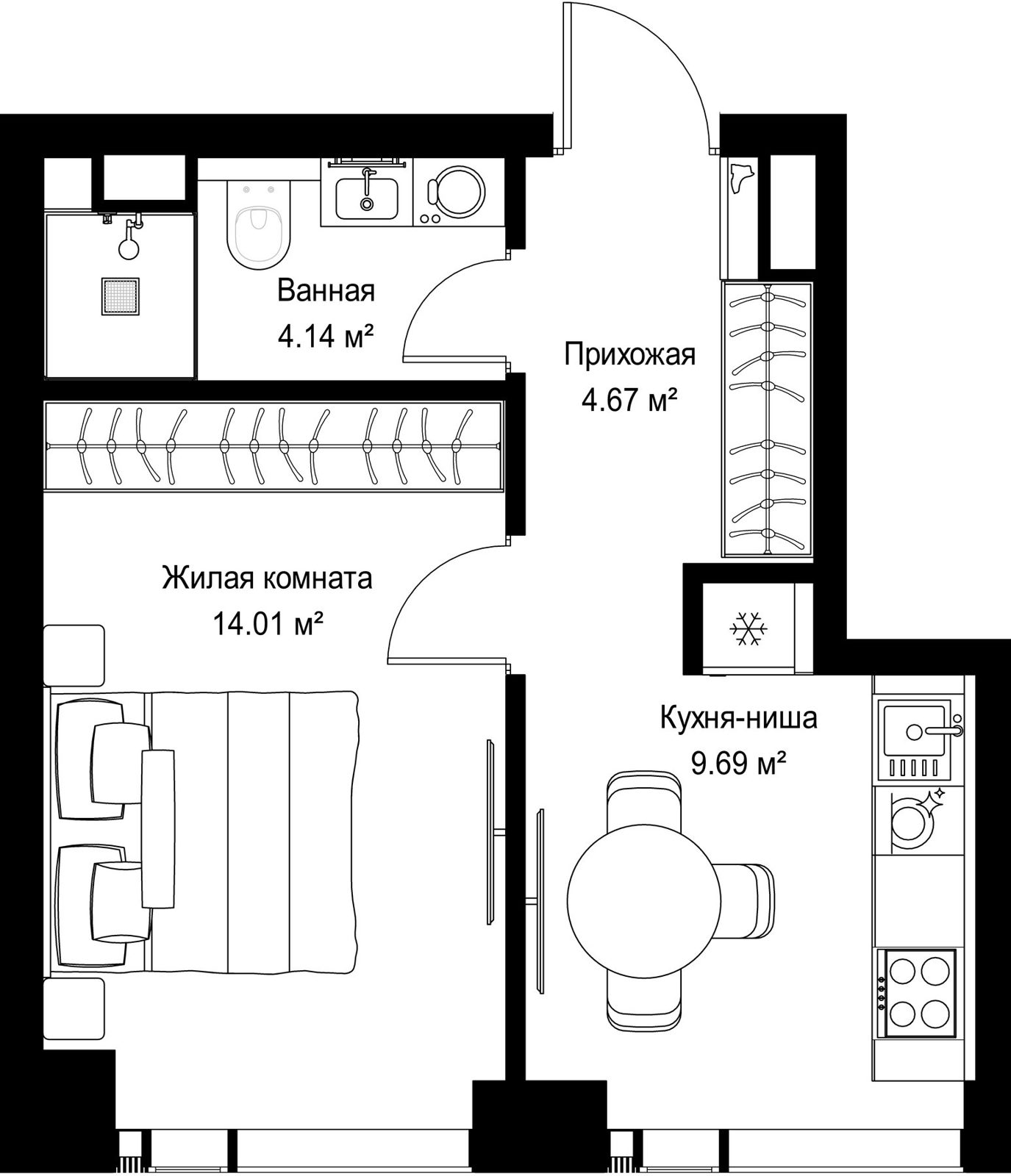 1-комнатная квартира, 32,5 м²