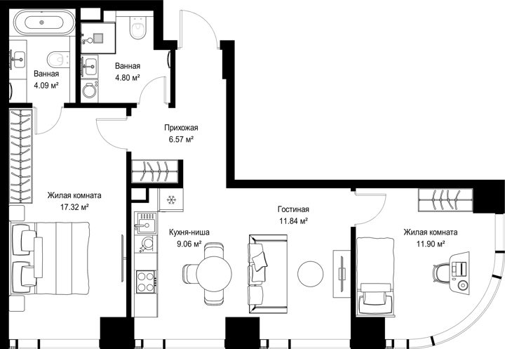 2-комнатная квартира, 65,6 м²