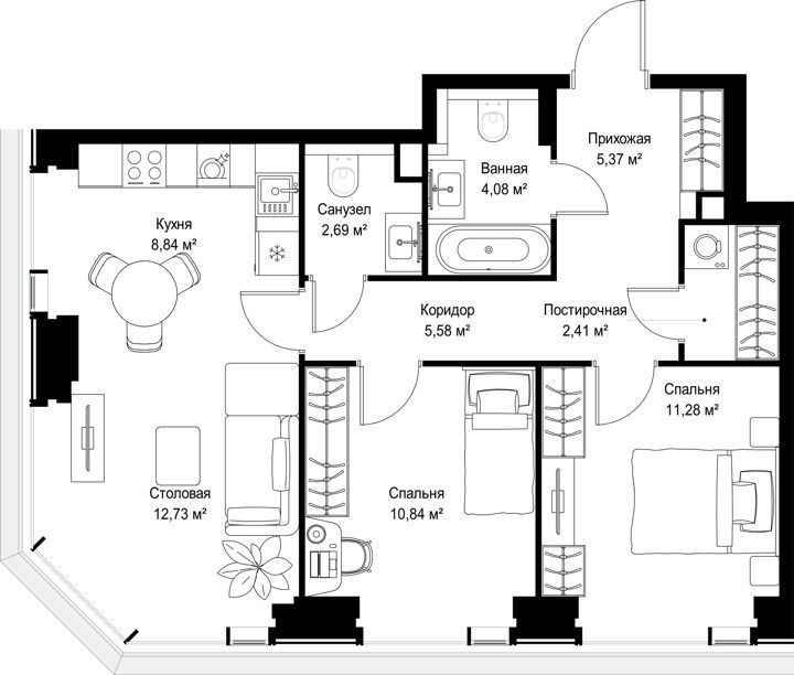 2-комнатная квартира, 63,8 м² — фото 2