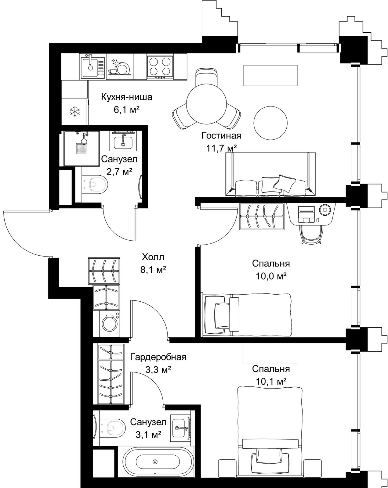 2-комнатная квартира, 55,1 м²