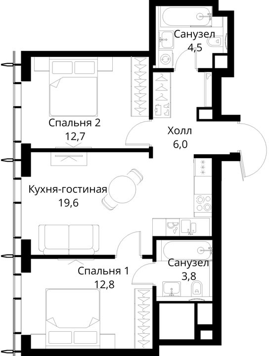 2-комнатная квартира, 59,4 м² — фото 1