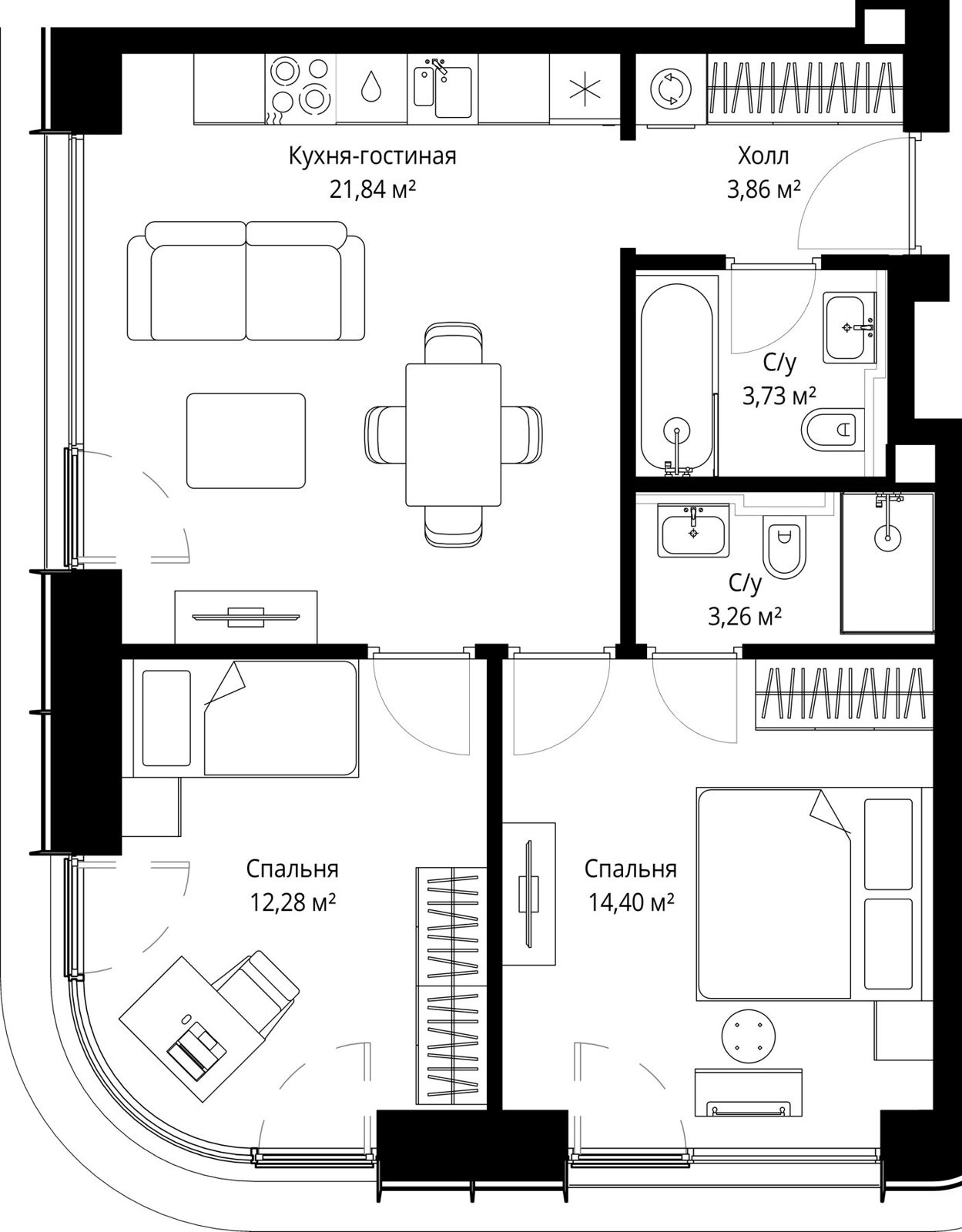 2-комнатная квартира, 59,4 м²