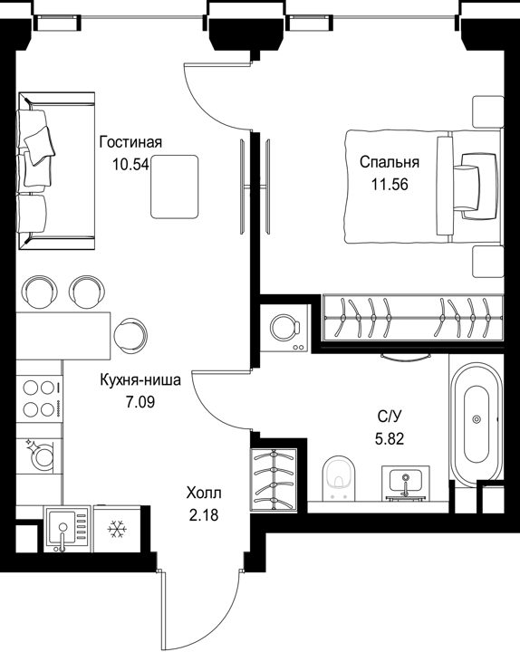1-комнатная квартира, 37,2 м²