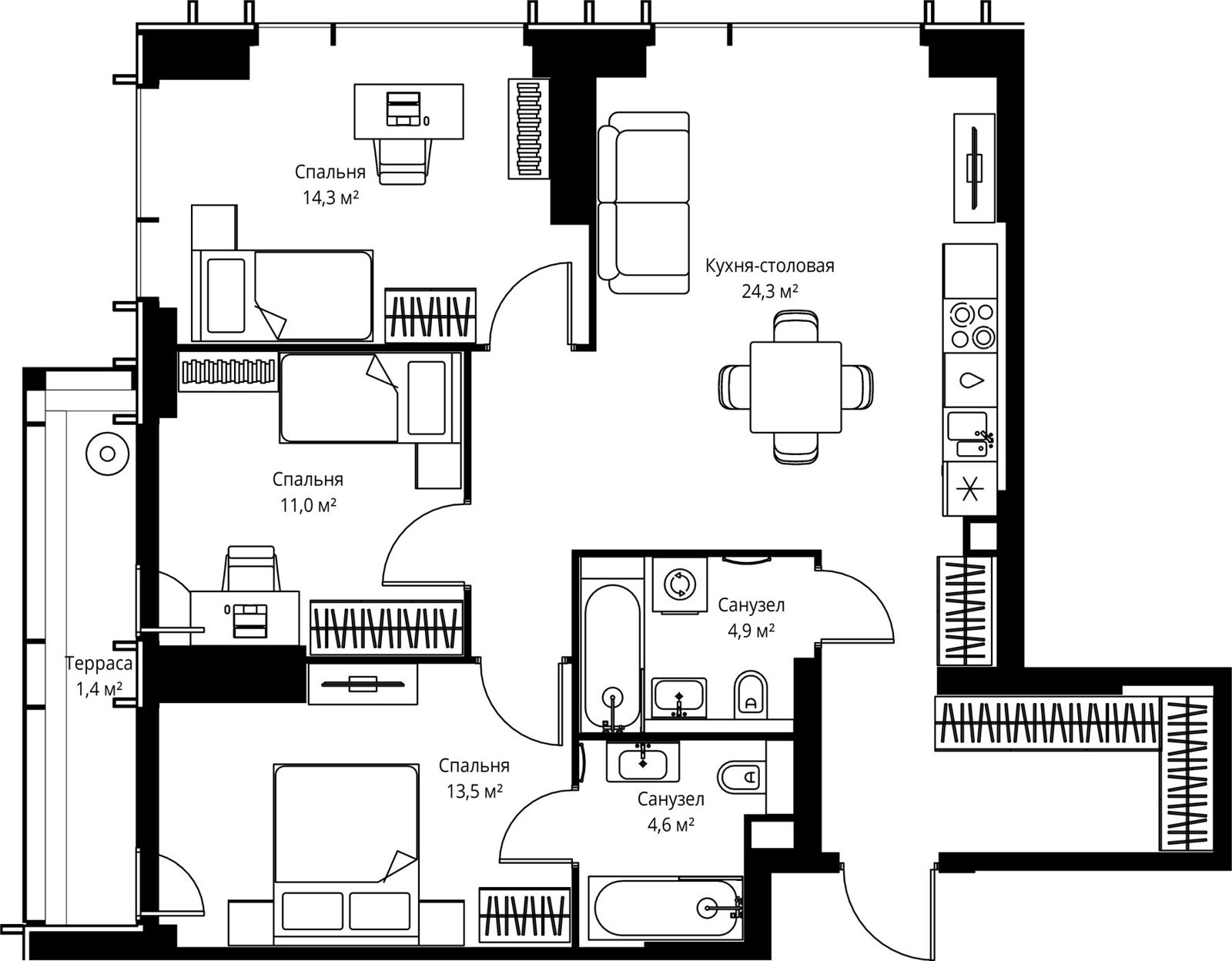 3-комнатная квартира, 88,8 м²