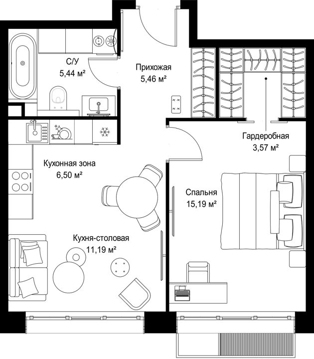 1-комнатная квартира, 47,4 м² — фото 1
