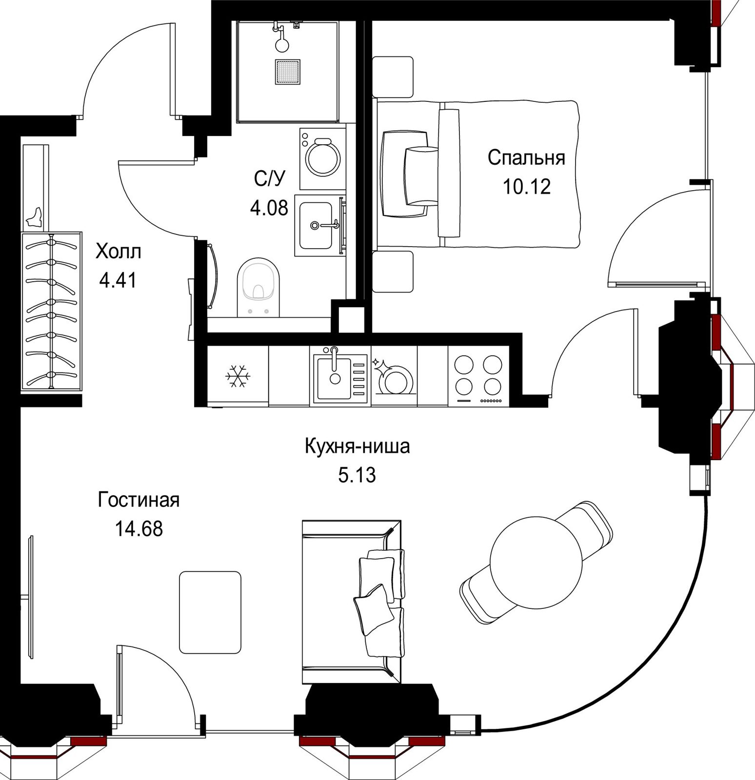 1-комнатная квартира, 38,4 м²