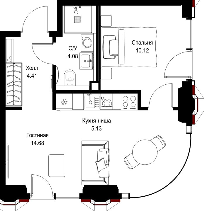 1-комнатная квартира, 38,4 м²