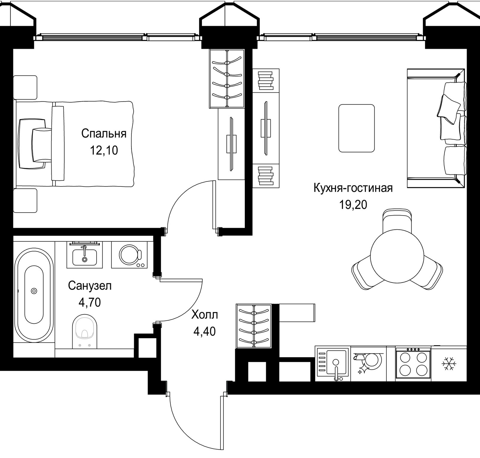 1-комнатная квартира, 40,4 м²