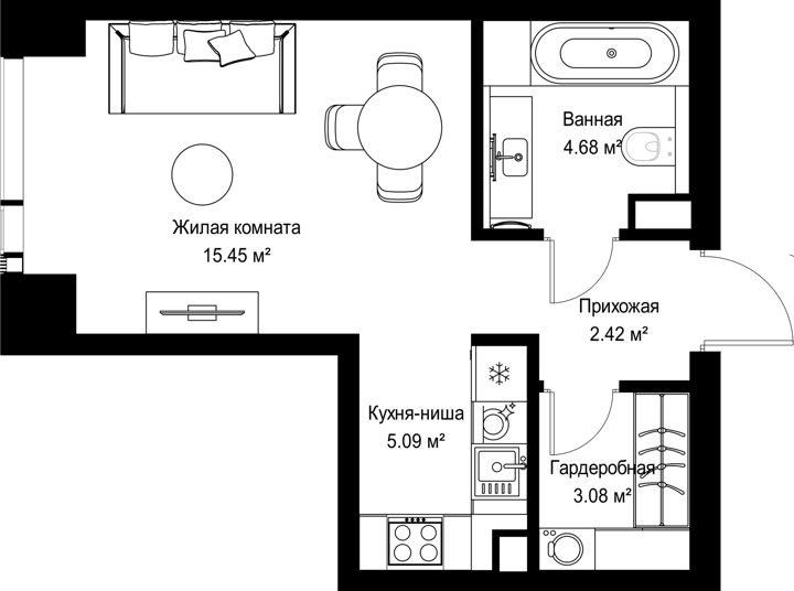 Квартира-студия, 30,7 м²