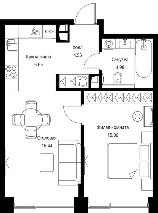 1-комнатная квартира, 47,7 м² — фото 1