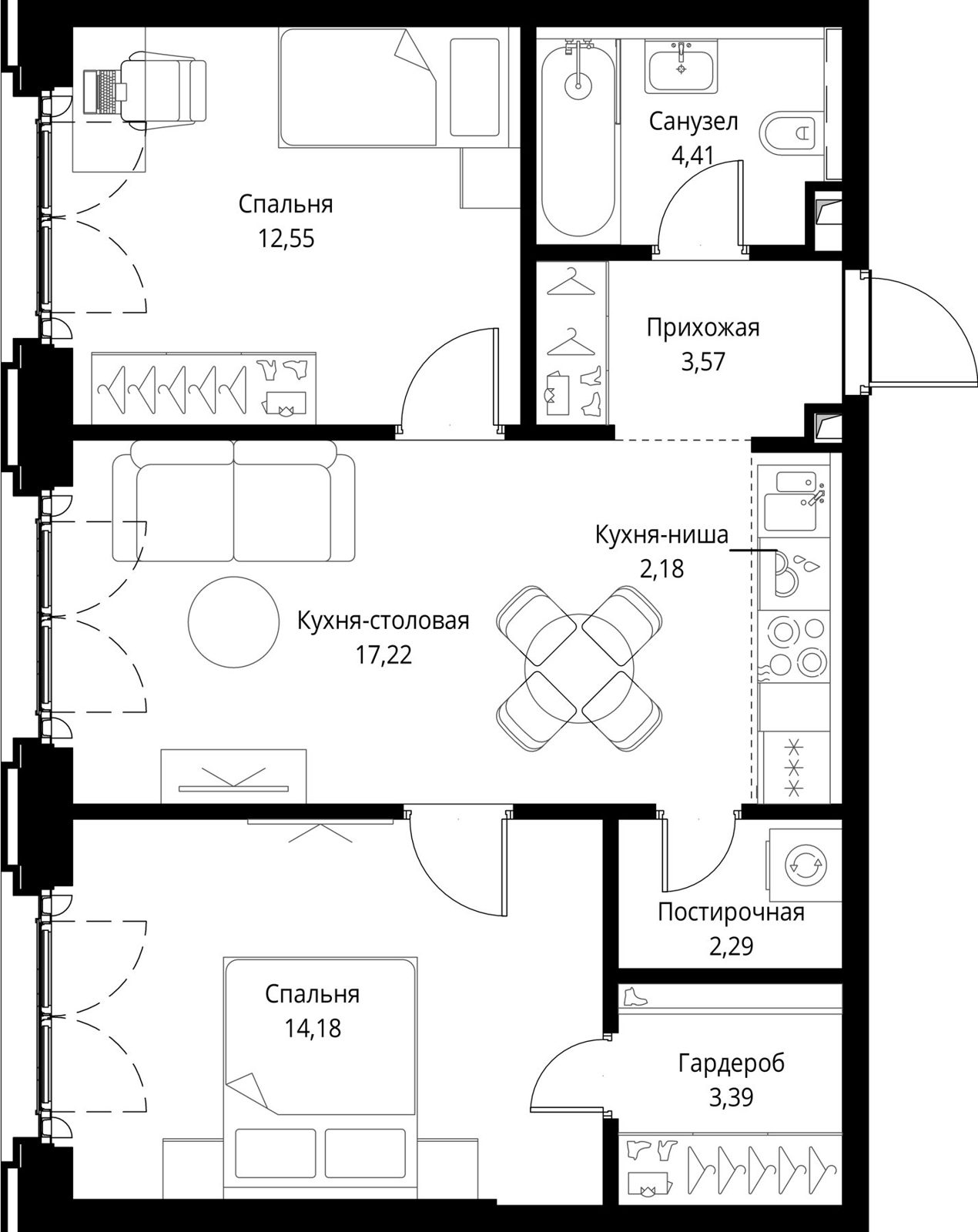 2-комнатная квартира, 59,8 м²
