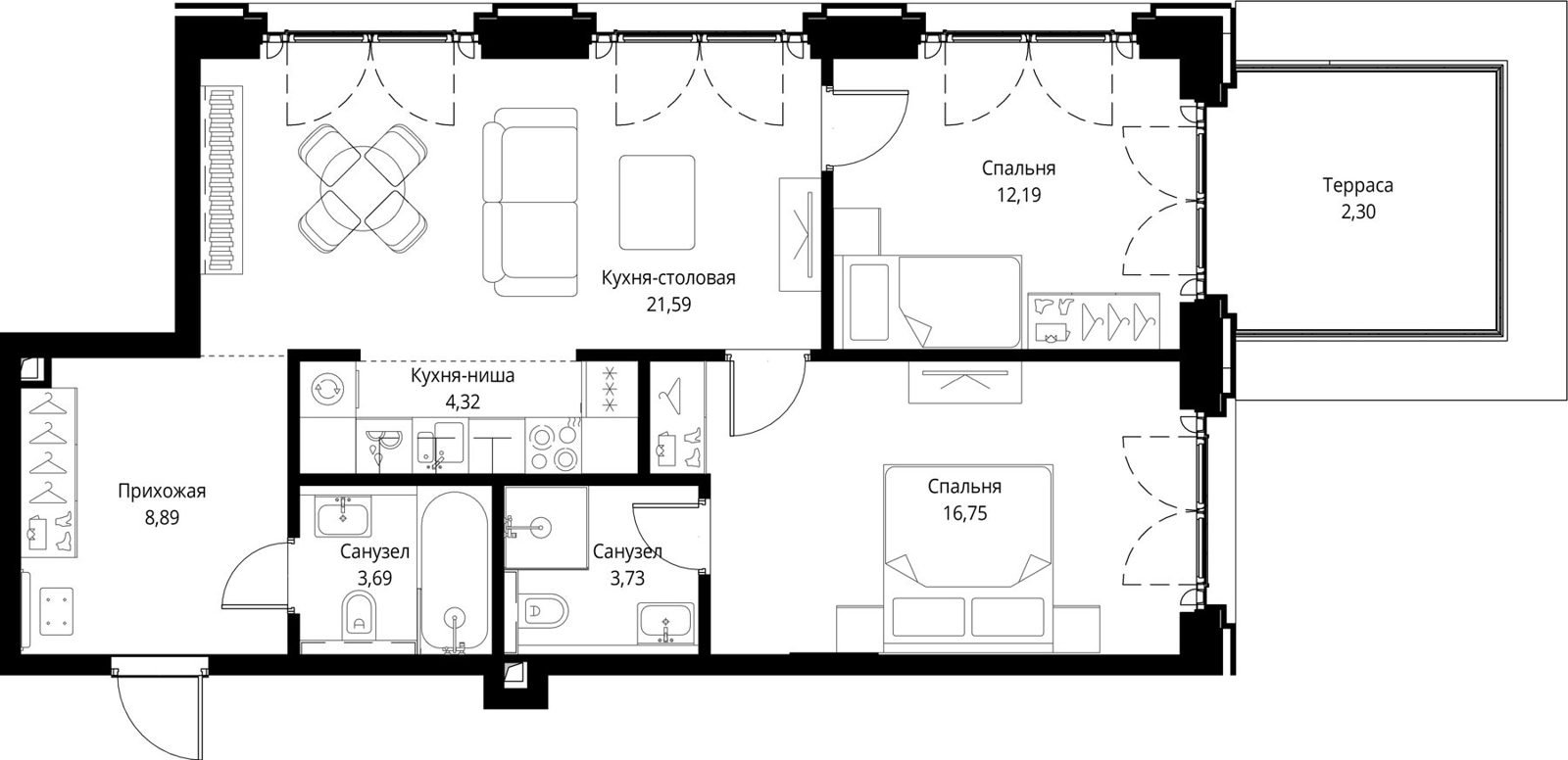 2-комнатная квартира, 73,5 м²