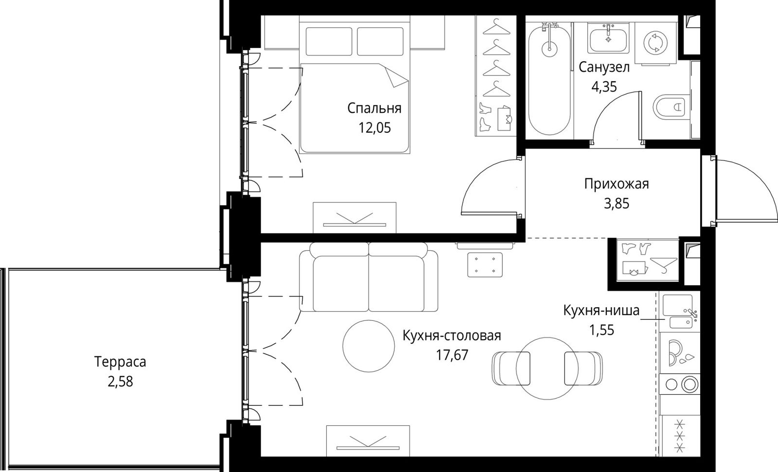 1-комнатная квартира, 42 м²
