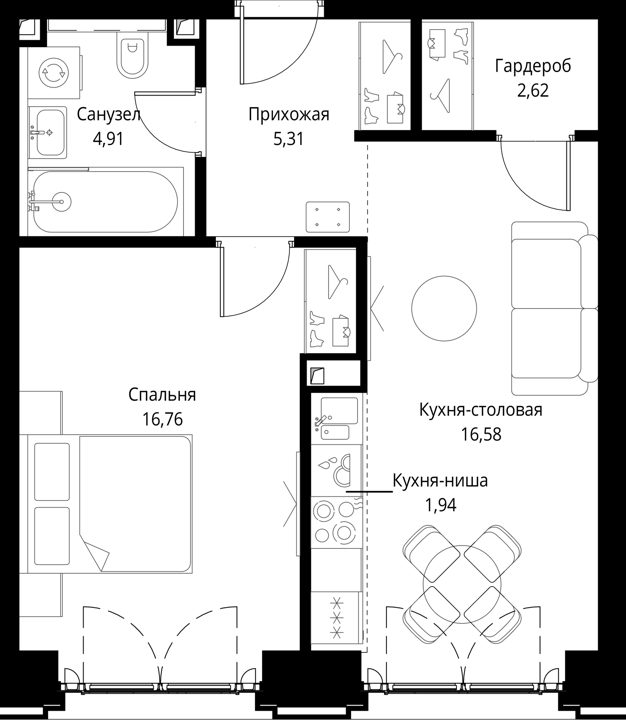1-комнатная квартира, 48,1 м² — фото 1