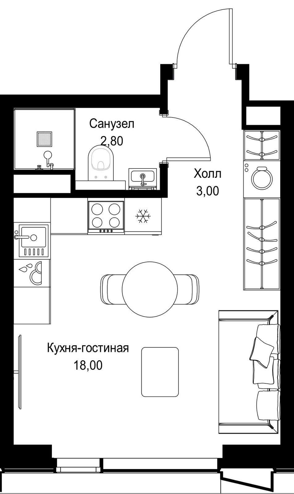 Квартира-студия, 23,8 м²