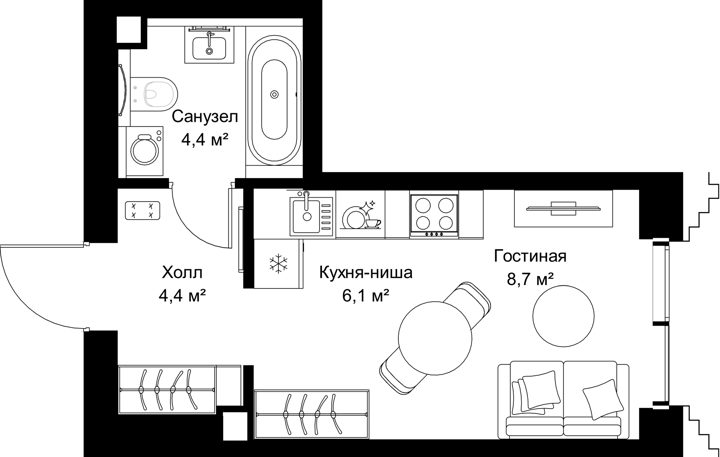 Квартира-студия, 23,6 м²